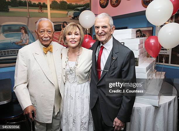 Former New York City Mayor David Dinkins, Ellen Hart Strum and Howard Rubenstein pose for a photo during Mayor Dinkins 89th birthday celebration at...