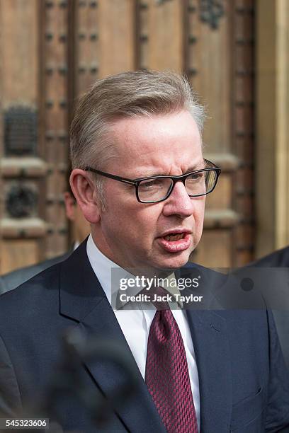 British Justice Secretary Michael Gove speaks to the media outside the Houses of Parliament on July 7, 2016 in London, England. Theresa May has the...