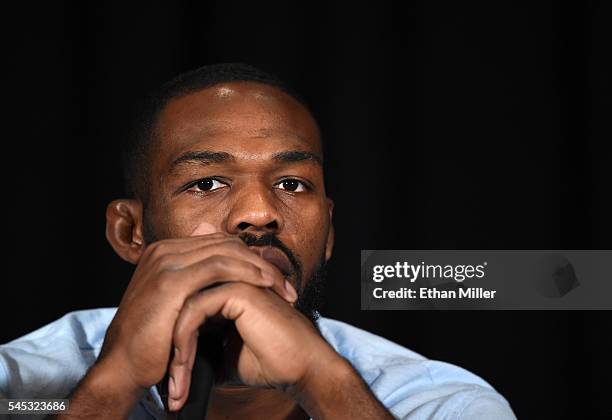 Mixed martial artist Jon Jones takes questions during a news conference at MGM Grand Hotel & Casino to address being pulled from his light...