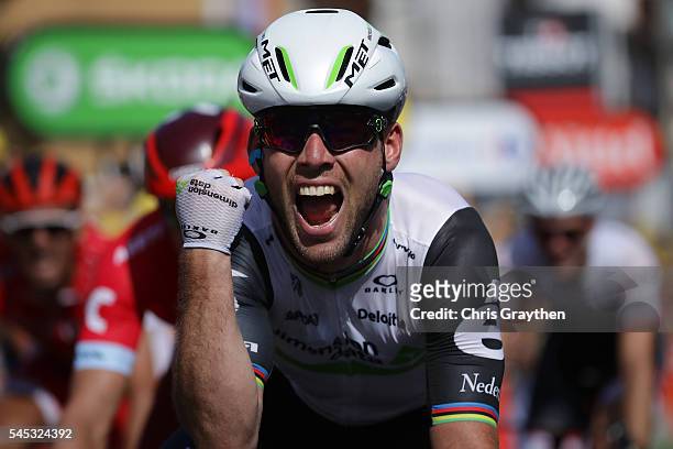 Mark Cavendish of Great Britain riding for Team Dimension Data wins stage six of the 2016 Le Tour de France a 190.5km stage from Arpajon-Sur-Cere to...