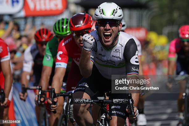 Mark Cavendish of Great Britain riding for Team Dimension Data wins stage six of the 2016 Le Tour de France a 190.5km stage from Arpajon-Sur-Cere to...