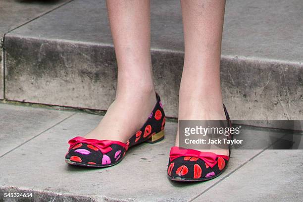 British Home Secretary and Conservative leadership contender Theresa May's shoes as she poses outside the Houses of Parliament on July 7, 2016 in...