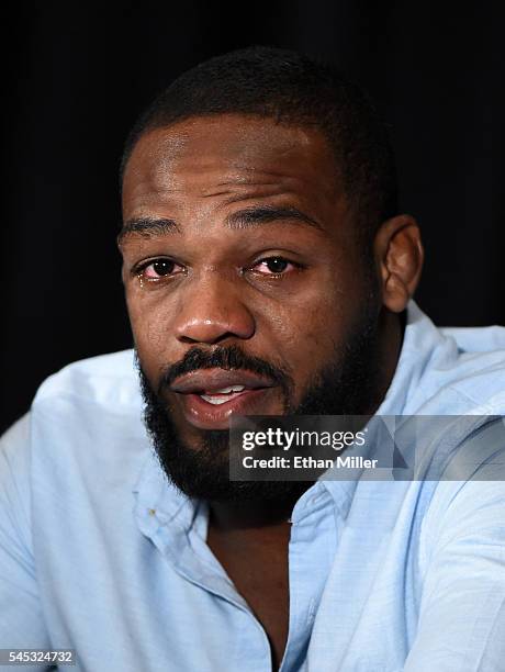Mixed martial artist Jon Jones speaks during a news conference at MGM Grand Hotel & Casino to address being pulled from his light heavyweight title...