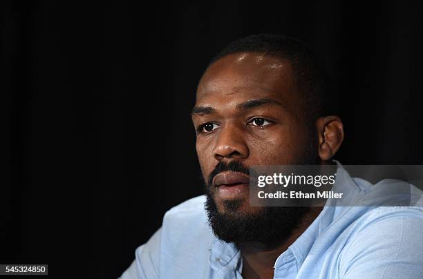 Mixed martial artist Jon Jones speaks during a news conference at MGM Grand Hotel & Casino to address being pulled from his light heavyweight title...