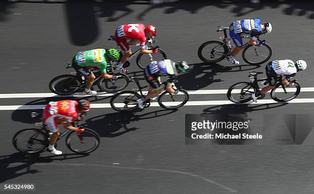 Mark Cavendish of Great Britain and Team Dimension Data heads to stage victory from Marcel Kittel of Germany and Etixx Quick Step during the 190.5km...