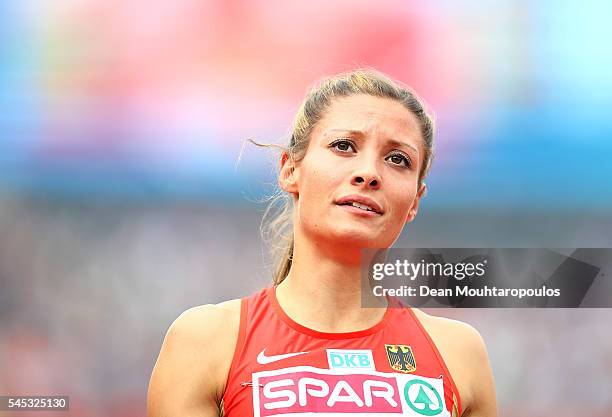 Ruth Sophia Spelmeyer of Germany looks on during her 400m semi final on day two of The 23rd European Athletics Championships at Olympic Stadium on...