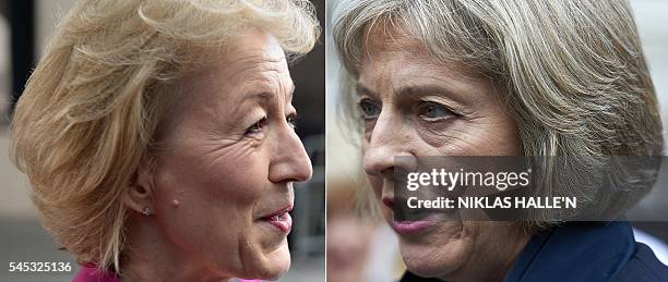 In this combination of file pictures created on July 7 British Home Secretary Theresa May addresses media personnel outside the Cabinet Office in...
