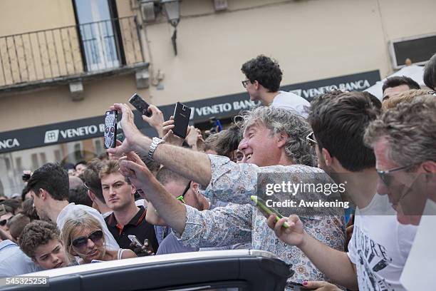 James May takes a selfie with fans at Piazza dei Signori, during the filming for their new Amazon TV Programme 'The Grand Tour ' on July 7, 2016 in...