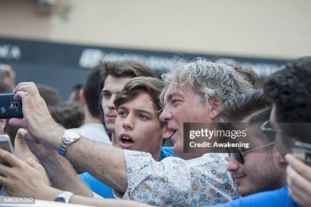 James May takes a selfie with fans at Piazza dei Signori, during the filming for their new Amazon TV Programme 'The Grand Tour ' on July 7, 2016 in...