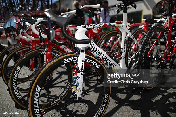 Detail view of the bicycle ridden by Fabian Cancellara of Switzerland riding for Trek-Segafredo is seen prior to stage six of the 2016 Le Tour de...