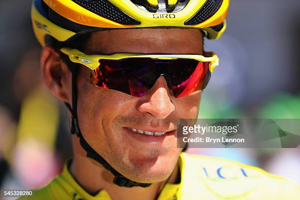 New race leader Greg van Avermaet of Belgium and the BMC Racing Team arrives at the start of stage six of the 2016 Tour de France, a 190km road stage...