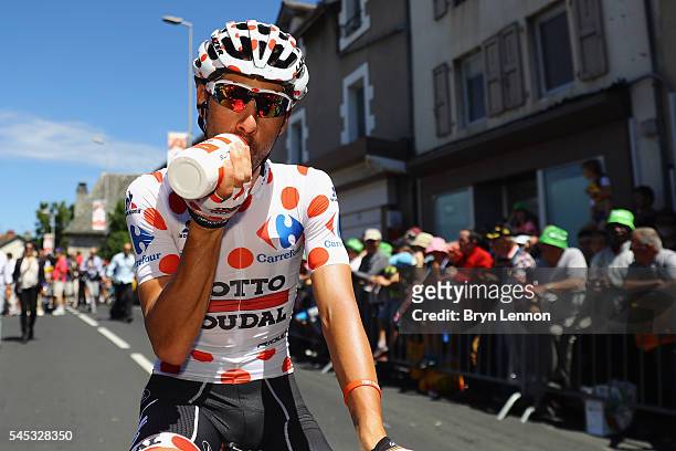 King of the Mountains leader Thomas de Gendt of Belgium and Lotto Soudal prepares for the start of stage six of the 2016 Tour de France, a 190km road...