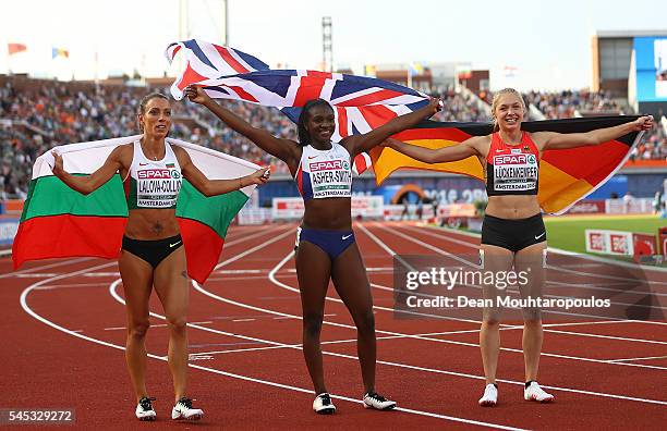 Ivet Lalova-Collio of Bulgaria , Dina Asher-Smith of Great Britain and Gina Luckenkemper of Germany celebrate after finishing in medal positions in...