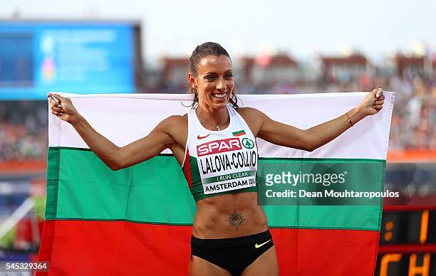 Ivet Lalova-Collio of Bulgaria celebrates after winning a silver medal in the final of the womens 200m on day two of The 23rd European Athletics...