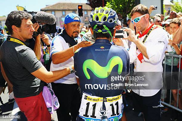 Nairo Quintana of Colombia and the Movistar team chats to the media at the start of stage six of the 2016 Tour de France, a 190km road stage from...