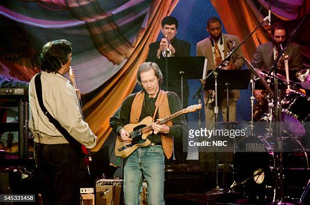 Episode 405 -- Pictured: Lead singer Garth Hudson and guitarist Rick Danko of musical guest The Band perform on February 22, 1994 --