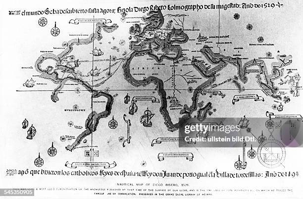 *zw._25.08._und_31.10.1451-20.05.1506+; italienischer Seefahrer in spanischen Diensten; Entdecker Amerikas- Weltkarte des Kosmographen Diego Ribero,...