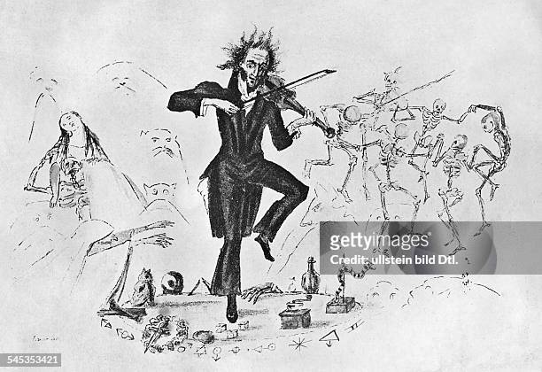 Niccolo Paganini *27.10.1782-27.05.1840+Musiker, Violinist, Komponist; Italien- Darstellung als "Teufelsgeiger", zeitgenöss. Karikatur auf die Wiener...