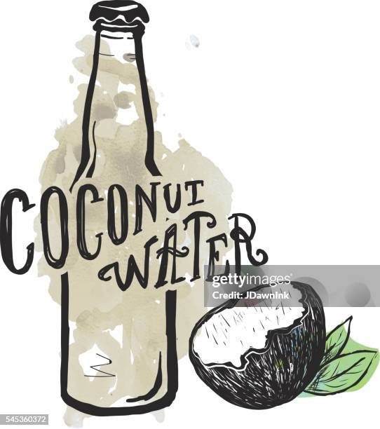 coconut water label and bottle on watercolor background - coconut water stock illustrations