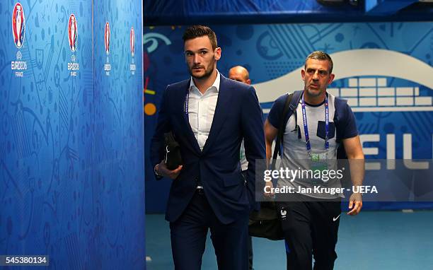 Hugo Lloris of France is seen on arrival at the stadium prior to the UEFA EURO semi final match between Germany and France at Stade Velodrome on July...