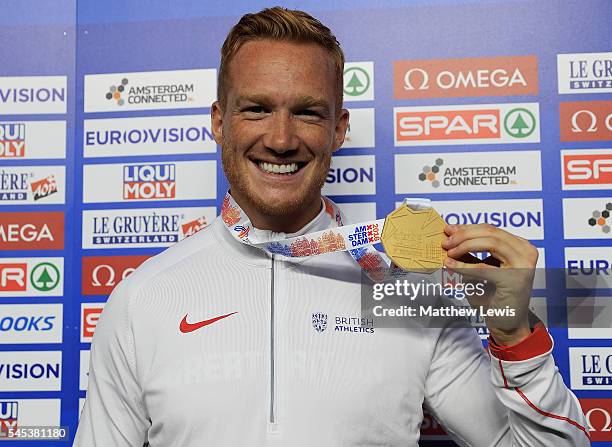 Greg Rutherford of Great Britain pictured with his Gold medal, after winning the Mens Long Jump during day two of the 23rd European Athletics...