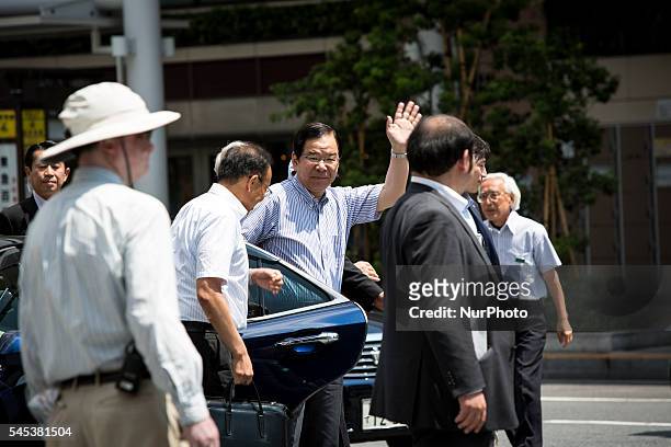 Kazuo Shii, Chairman of the of The Japanese Communist Party arrives in venue to deliver a campaign speech for his party candidate Taku Yamazoe during...