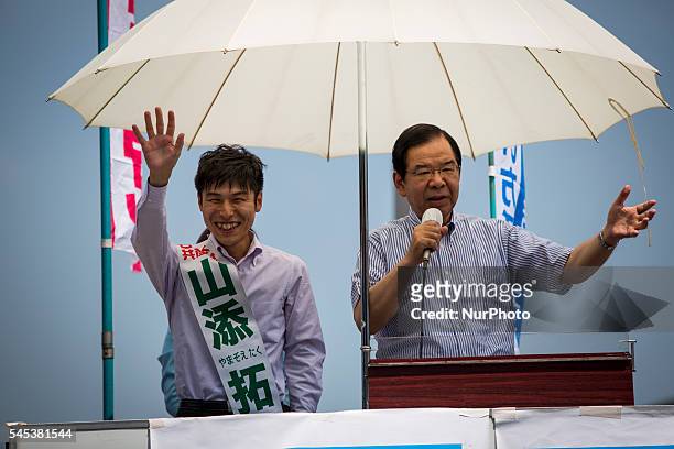 Kazuo Shii, Chairman of the of The Japanese Communist Party delivers a campaign speech for his party candidate Taku Yamazoe during the Upper House...