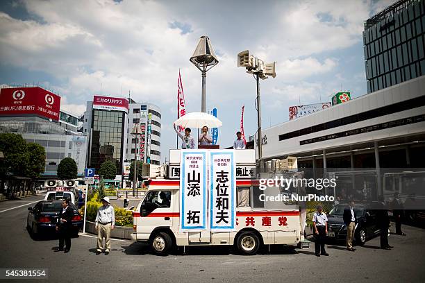 Kazuo Shii, Chairman of the of The Japanese Communist Party delivers a campaign speech for his party candidate Taku Yamazoe during the Upper House...