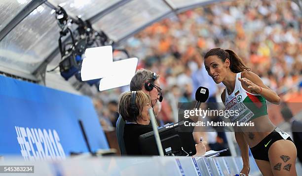 Ivet Lalova-Collio of Bulgaria talks to media, after coming second inthe womens 200m Final during day two of the 23rd European Athletics...