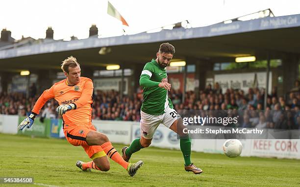 Cork , Ireland - 7 July 2016; Roy Carroll of Linfield in action against Sean Maguire of Cork City during the UEFA Europa League First Qualifying...