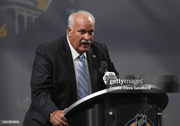 John Davidson of the Columbus Blue Jackets speaks at the podium during round one of the 2016 NHL Draft at First Niagara Center on June 24, 2016 in...