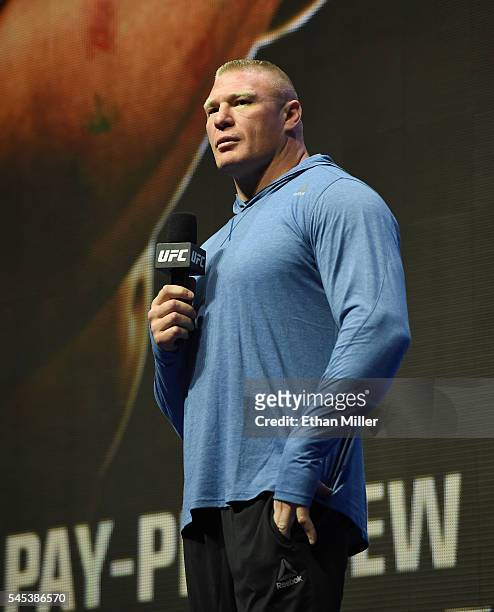 Mixed martial artist Brock Lesnar takes questions from members of the media during an open workout for UFC 200 at T-Mobile Arena on July 7, 2016 in...