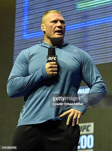 Mixed martial artist Brock Lesnar takes questions from members of the media during an open workout for UFC 200 at T-Mobile Arena on July 7, 2016 in...