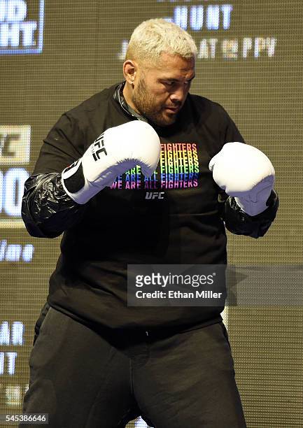 Mixed martial artist Mark Hunt throws punches during an open workout for UFC 200 at T-Mobile Arena on July 7, 2016 in Las Vegas, Nevada. Hunt will...