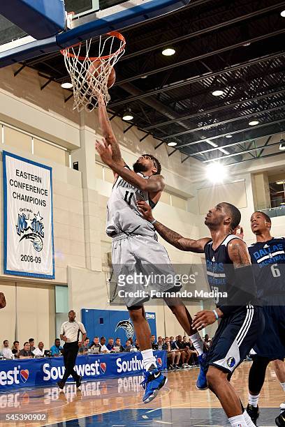 Devyn Marble of Orlando Magic Blue shoots a lay up during the game against the Dallas Mavericks during the 2016 NBA Orlando Summer League on July 7,...
