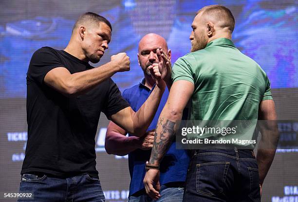 Nate Diaz and Conor McGregor face off during the UFC 202 - Press Conference at TMobile Arena on July 7, 2016 in Las Vegas, Nevada.