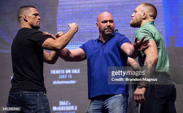 Nate Diaz and Conor McGregor face off during the UFC 202 - Press Conference at TMobile Arena on July 7, 2016 in Las Vegas, Nevada.
