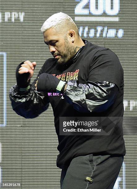 Mixed martial artist Mark Hunt shadowboxes during an open workout for UFC 200 at T-Mobile Arena on July 7, 2016 in Las Vegas, Nevada. Hunt will face...