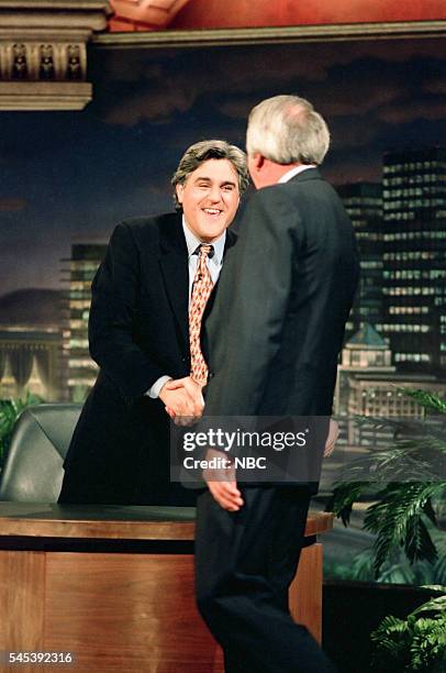 Episode 412 -- Pictured: Host Jay Leno greets TV personality Tom Snyder on March 3, 1994 --