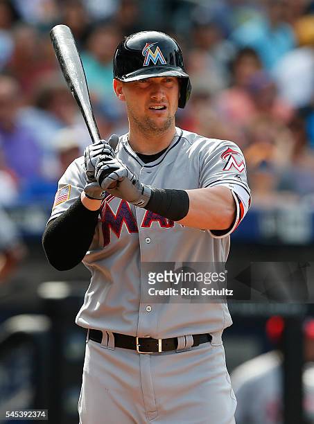 Chris Johnson of the Miami Marlins in action against the New York Mets during a game at Citi Field on July 4, 2016 in the Flushing neighborhood of...