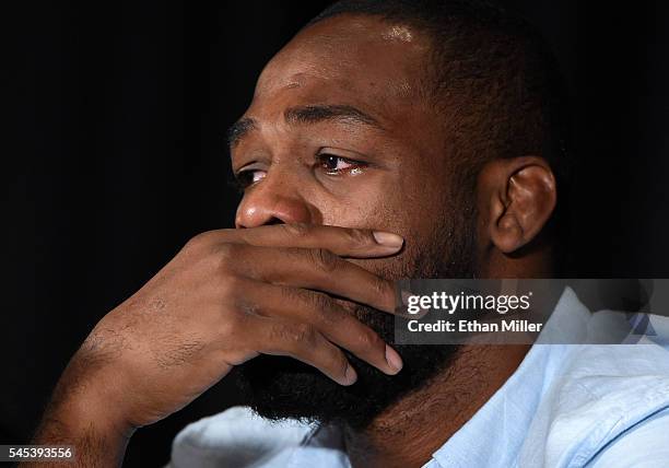 Mixed martial artist Jon Jones takes questions during a news conference at MGM Grand Hotel & Casino to address being pulled from his light...