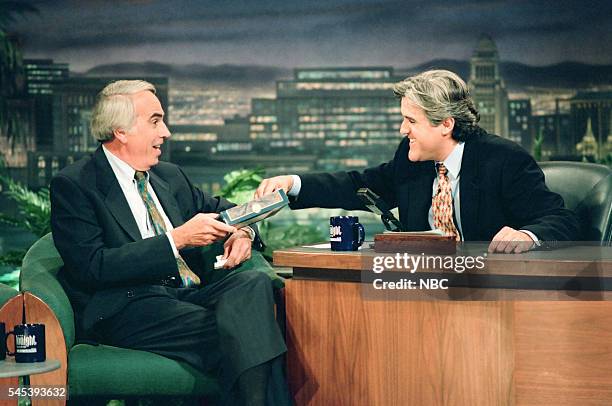 Episode 412 -- Pictured: TV personality Tom Snyder during an interview with host Jay Leno on March 3, 1994 --