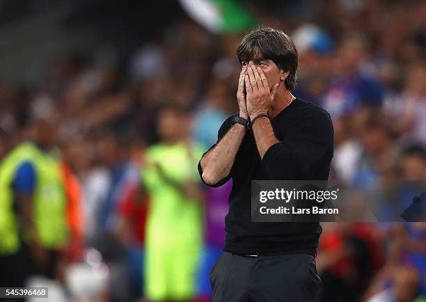 Joachim Loew head coach of Germany reacts on the touchline during the UEFA EURO semi final match between Germany and France at Stade Velodrome on...