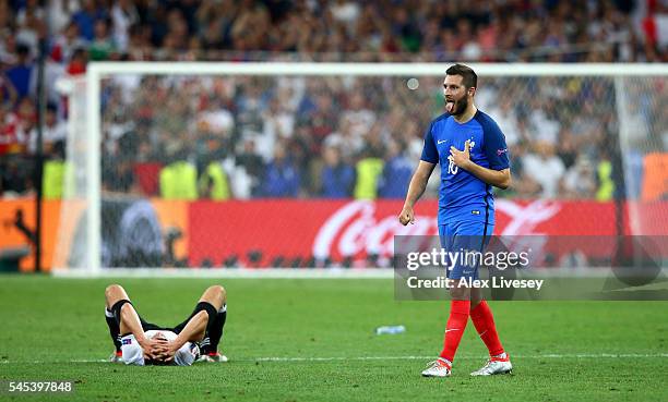 Andre-Pierre Gignac of France celebrates his team's 2-0 win in the UEFA EURO semi final match between Germany and France at Stade Velodrome on July...