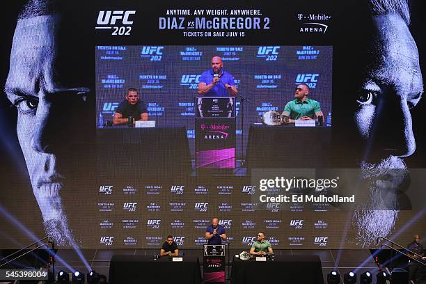 Nate Diaz, UFC President Dana White, and Conor McGregor answer questions at the UFC 202 press conference at the T-Mobile Arena on July 7, 2016 in Las...