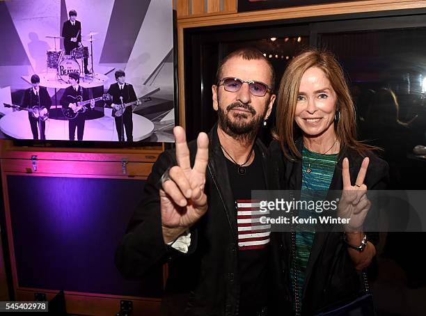 Musician Ringo Starr and his wife Barbara Bach pose at Ringo Starr's "Peace & Love" birthday celebration at Capitol Records on July 7, 2016 in Los...
