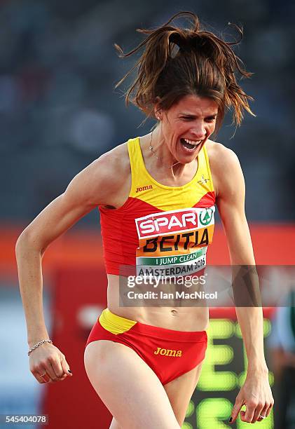 Ruth Beitia of Spain celebrates winning the High Jump during Day Two of The European Athletics Championships at Olympic Stadium on July 7, 2016 in...