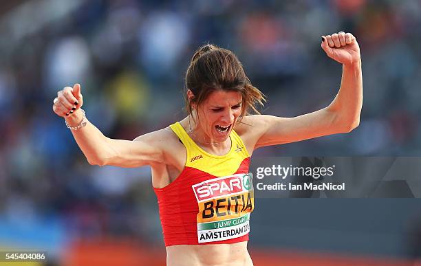 Ruth Beitia of Spain celebrates winning the High Jump during Day Two of The European Athletics Championships at Olympic Stadium on July 7, 2016 in...