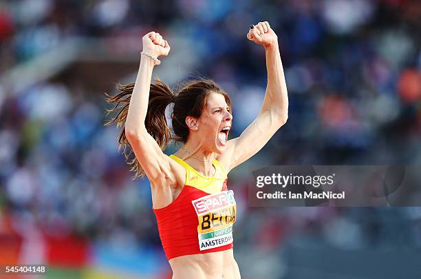 Ruth Beitia of Spain celebrates winning the High Jump during Day Two of The European Athletics Championships at Olympic Stadium on July 7, 2016 in...