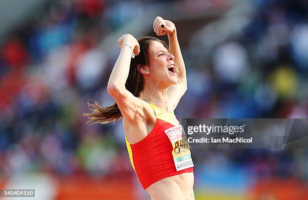 Ruth Beitia of Spain celebrates winning the High Jump during Day Two of The European Athletics Championships at Olympic Stadium on July 7, 2016 in...